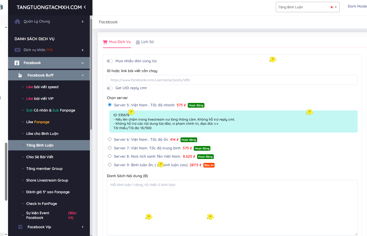 giao diện cài đặt dịch vụ tăng comment tự động