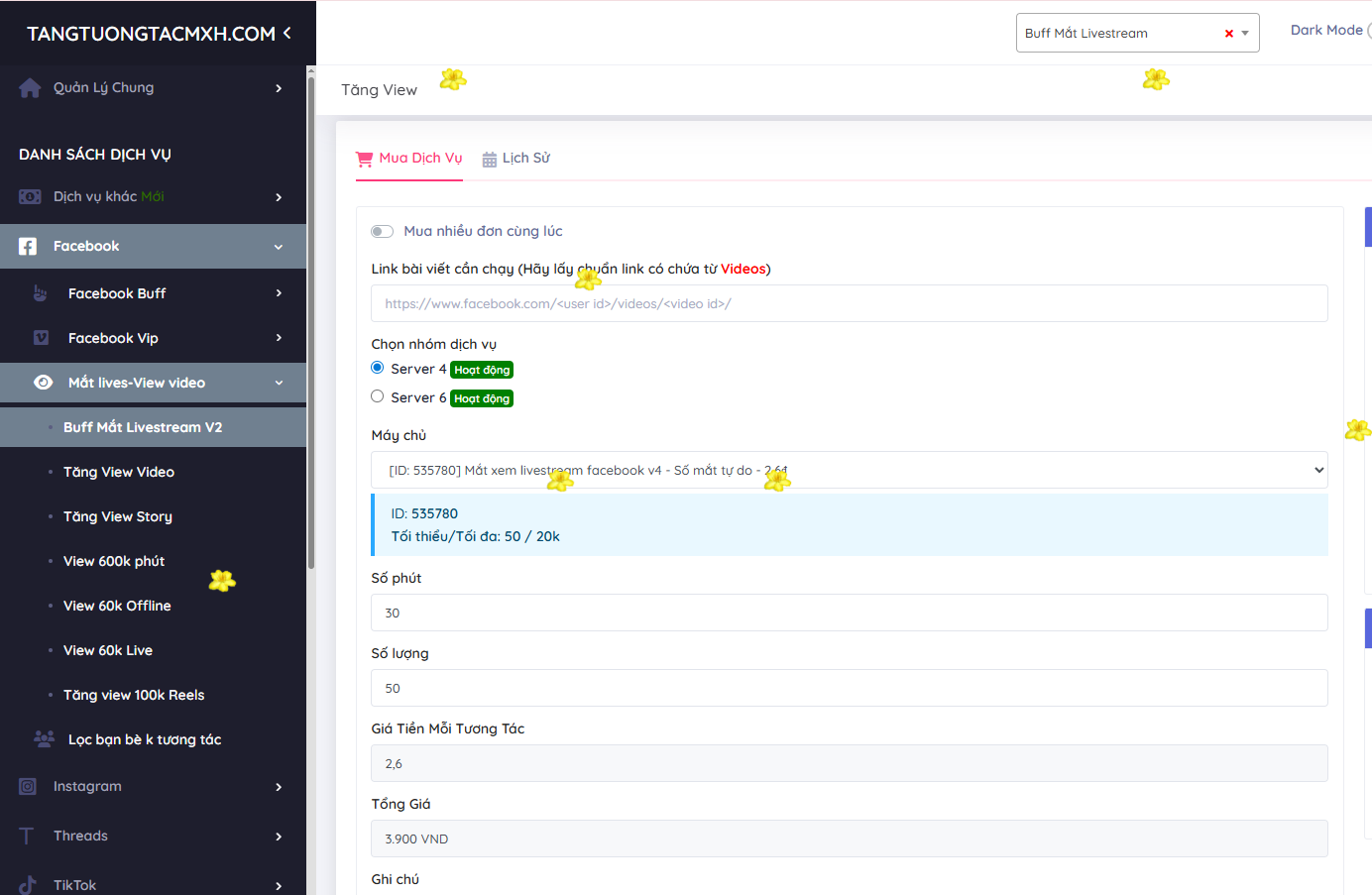 giao diện cài đặt dịch vụ tăng mắt xem livestream