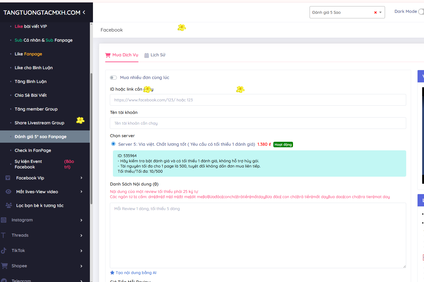 giao diện cài đặt dịch vụ tăng đánh giá fanpage