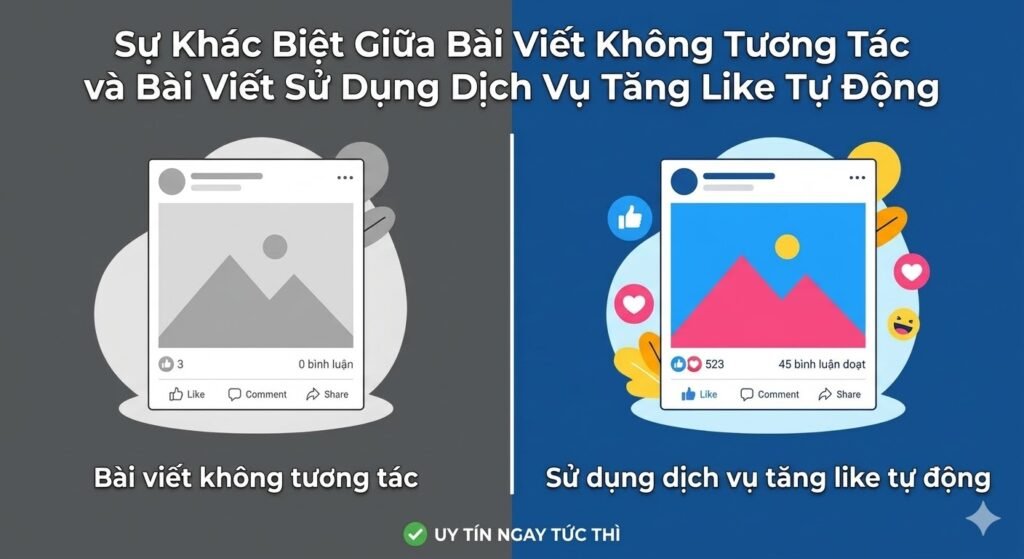 Sự khác biệt giữa bài viết không tương tác và bài viết sử dụng dịch vụ tăng like tự động.
